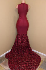 2025 New Arrival Mermaid Burgundy High Neck Rose Ruffles Sleeveless Long African American Prom Dress