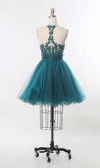 A Line Scoop Sleeveless Sheer Appliques Tulle Pleated Ruched Backless Homecoming Dresses