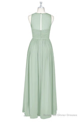 Sage Green Chiffon Sheer Neck A-Line Long Bridesmaid Dress