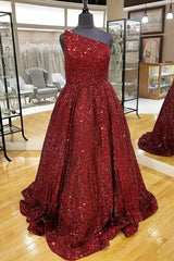 Wine Red Sequin One-Shoulder Ball Gown