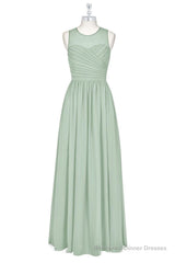 Sage Green Chiffon Sheer Neck A-Line Long Bridesmaid Dress