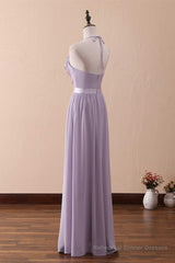 Lilac Halter Open Back Ruffled Long Bridesmaid Dress