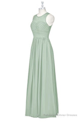 Sage Green Chiffon Sheer Neck A-Line Long Bridesmaid Dress