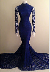 2025 Mermaid Long Sleeves Royal Blue Lace High Neck Long Prom Dress