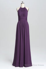 Purple Halter A-line Pleated Long Bridesmaid Dress