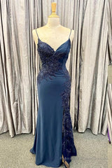 Elegant Navy Blue Long Prom Dress with Lace Appliques