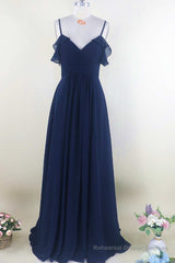 Navy Blue Chiffon Cold-Shoulder A-Line Long Bridesmaid Dress