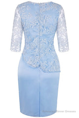 Light Blue Crew Neck Lace Half Sleeve Short Mother of the Bride Dress