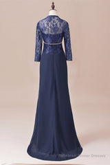 Navy Blue Two-Piece Sweetheart Ruffled Long Mother of the Bride Dress