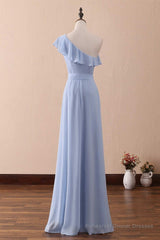 Periwinkle One-Shoulder Ruffled A-Line Long Bridesmaid Dress