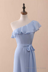 Periwinkle One-Shoulder Ruffled A-Line Long Bridesmaid Dress