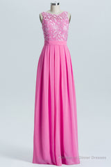 Pink A-line Lace and Chiffon Long Bridesmaid Dress