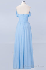 Blue Off the Shoulder Pleated Chiffon Long Bridesmaid Dress