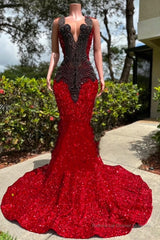 V-neck Burgundy Sequin Prom Dresses with Dark Sequins