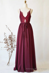 Magenta Chiffon V-Neck Spaghetti Straps Long Bridesmaid Dress