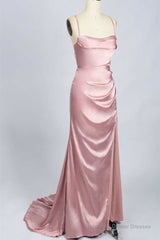 Pink Scoop Neck Lace-Up Back Long Formal Dress with Slit