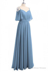 Dusty Blue Chiffon Cold-Shoulder A-Line Bridesmaid Dress