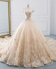 Unique Champagne Tulle Lace Long Wedding Dress, Bridal Gown