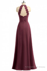 Burgundy Chiffon Halter Long Bridesmaid Dress with Lace Strap