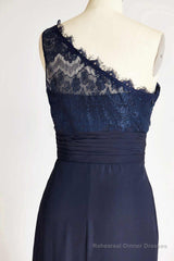 One-Shoulder Navy Blue Lace Long Bridesmaid Dress