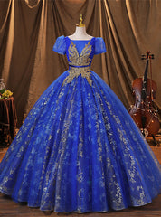 Royal Blue Tulle Pleats Sequins Appliques Quinceanera Dress