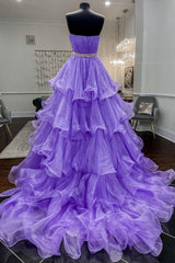 Purple Strapless Organza Long Prom Dress, Princess Quinceanera Dresses