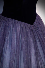 Purple Velvet Tulle Long Prom Dresses, A-Line Off the Shhouler Evening Dresses