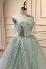 Green Tulle Beaded Ball Gown Off Shoulder Party Dress, Green Sweet 16 Dress