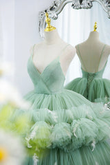 Green V-Neck Layers Tulle Long Ball Gown, A-Line Formal Gown