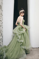 Green Tulle Long A-Line Evening Dress, Green Spaghetti Straps Prom Dress