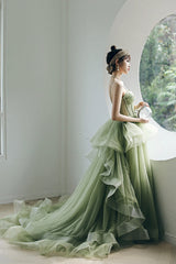 Green Tulle Long A-Line Evening Dress, Green Spaghetti Straps Prom Dress