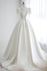 White V-Neck Satin Long Formal Dress, Wedding Formal Dress