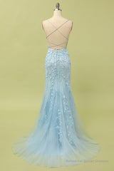 Mermaid Blue Long Prom Dress Backless Evening Dress