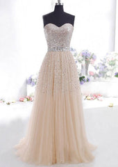 Strapless A-Line/Princess Sweep Train Tulle Prom Dress With Beaded