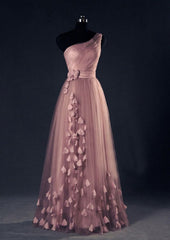 One-Shoulder Long/Floor-Length A-Line/Princess Tulle Prom Dresses With Flowers Waistband