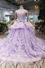 Lilac Ball Gown Short Sleeve Prom Dresses with Long Train, Gorgeous Quinceanera Dress