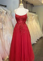 A-line Square Neckline Spaghetti Straps Long/Floor-Length Tulle Prom Dress With Appliqued Beading Glitter