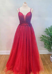 A-line V Neck Spaghetti Straps Long/Floor-Length Tulle Prom Dress With Appliqued Beading Pleated Glitter