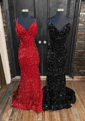 Trumpet/Mermaid V Neck Sleeveless Velvet Sequins Court Train Prom Dress With Pleated