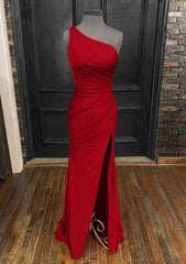 Sheath/Column One-Shoulder Sleeveless Jersey Long/Floor-Length Prom Dress With Pleated Split