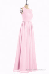 Pink Chiffon Halter Cutout Back A-Line Long Bridesmaid Dress