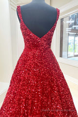 Red Sequin Square Neck Backless A-Line Long Prom Gown