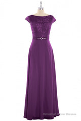 Elegant Purple Lace Cap Sleeve A-Line Long Bridesmaid Dress