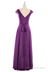 Elegant Purple Lace Cap Sleeve A-Line Long Bridesmaid Dress