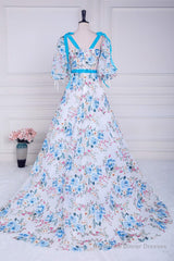 Blue and White Floral Bow Tie Straps A-line Long Prom Dress with Slit