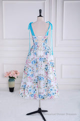 Blue and White Floral Bow Tie Straps A-line Tea-Length Prom Dress