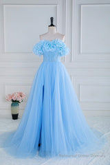 Light Blue Flowers Off-Shoulder A-line Long Prom Dress with Slit