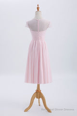 Princess Pink Chiffon and Lace Short Sleeves Bridesmaid Dress