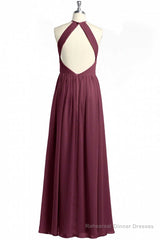 Mauve Chiffon Halter Backless A-Line Long Bridesmaid Dress