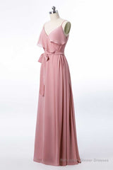 Mauve Pink Chiffon Spaghetti Straps Ruffled A-Line Bridesmaid Dress